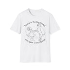 Rejoice in the Dog Rhodesian Ridgeback T-Shirt in white, flat lay mockup showing a woman joyfully dancing with a rearing Rhodesian Ridgeback line-art illustration and the text 'Rejoice in the Dog Always, and again I say rejoice!'