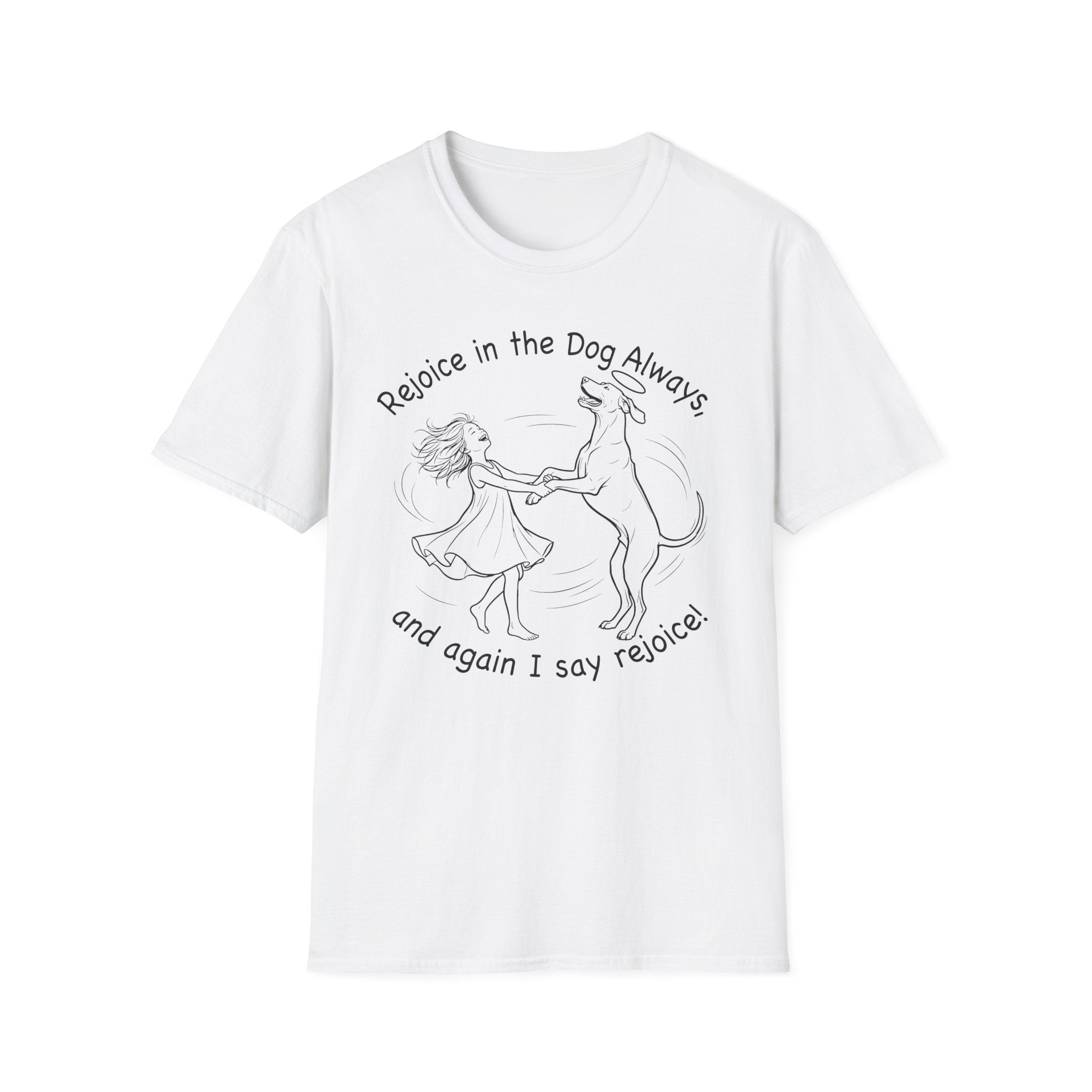 Rejoice in the Dog Rhodesian Ridgeback T-Shirt in white, flat lay mockup showing a woman joyfully dancing with a rearing Rhodesian Ridgeback line-art illustration and the text 'Rejoice in the Dog Always, and again I say rejoice!'