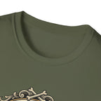 What Would Dog Do T-Shirt close-up detail shot on military green shirt showing the neckline and the ornate vintage frame with crossed dog bones graphic.