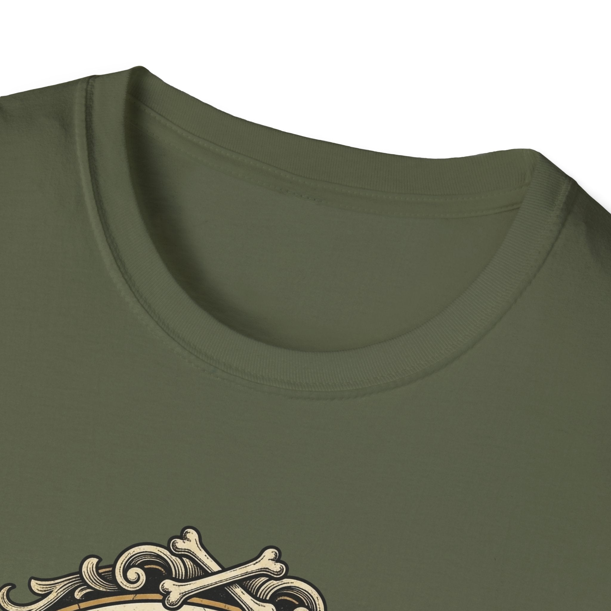 What Would Dog Do T-Shirt close-up detail shot on military green shirt showing the neckline and the ornate vintage frame with crossed dog bones graphic.