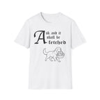 Newfoundland Ask and It Shall Be Fetched T-Shirt flat lay on navy shirt featuring a Shel Silverstein-style pen-and-ink illustration of a Newfoundland proudly trotting with loaves and fishes and the text 'Ask and it shall be fetched.'