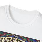 How Great Thou Bark Golden Retriever T-shirt close-up detail shot on a white shirt, showing the colorful stained-glass style graphic with crossbones and 'How Great Thou Bark' lettering at the neckline.