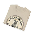 I Stand Amazed Rescue Mutt T-Shirt in sand, folded view showing the front graphic of the rescue mutt design with halo and 'I Stand Amazed' text.