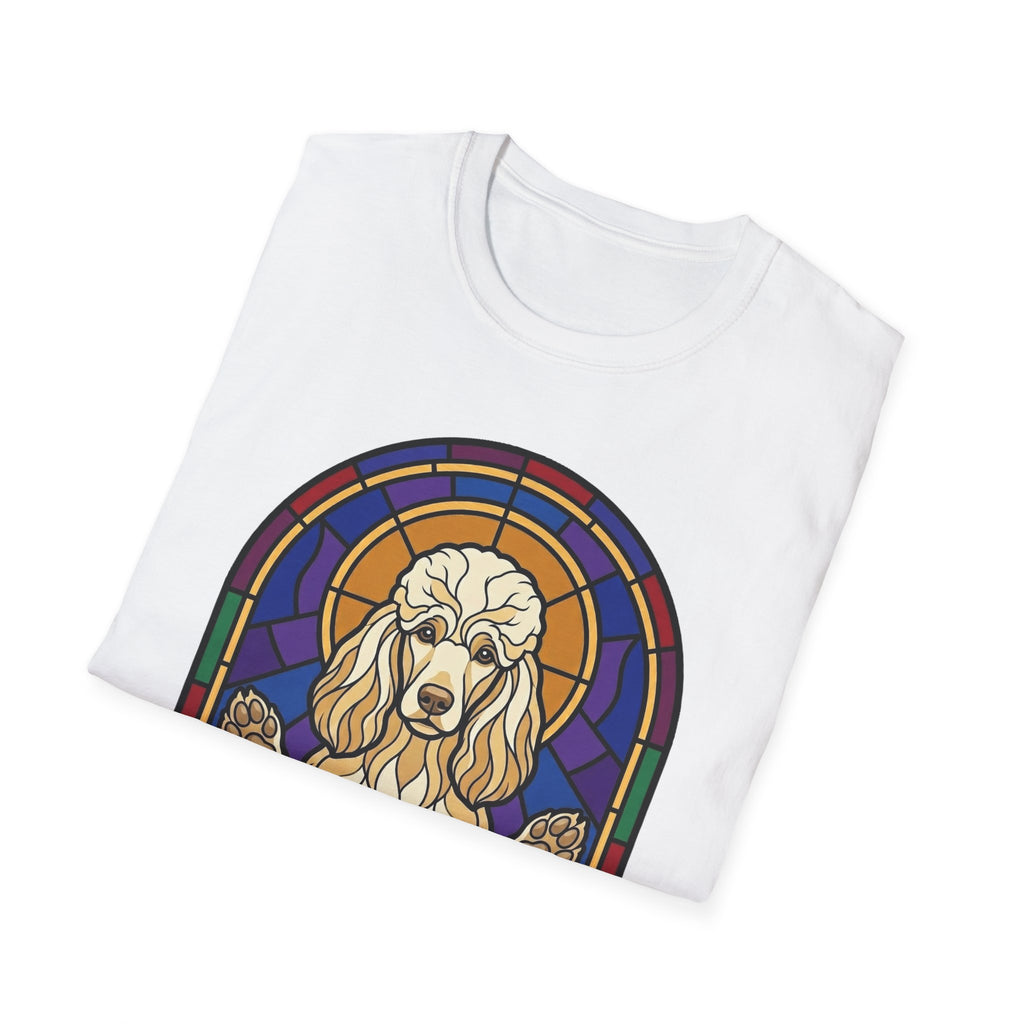 Let Go Let Dog Poodle T-Shirt, folded white tee showing the stained-glass poodle graphic with halo on the front.