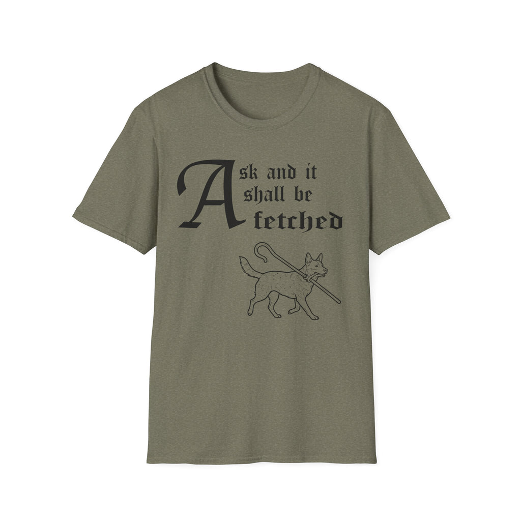 Australian Cattle Dog Ask and It Shall Be Fetched T-Shirt detail view featuring a Shel Silverstein-style pen-and-ink illustration of an Australian Cattle Dog proudly trotting with a shepherd's crook and the text 'Ask and it shall be fetched.'
