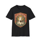 Let Go Let Dog Bull Terrier T-Shirt in black, flat lay, featuring a vintage shield badge with a white bull terrier raising both paws and the text 'Let Go and Let Dog, Established 2024'.