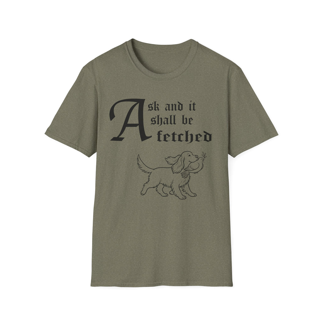 Ask and It Shall Be Fetched | Spaniel T-Shirt detail view featuring a Shel Silverstein-style pen-and-ink illustration of a Spaniel proudly trotting with a plump dove held with extraordinary gentleness in her mouth, a tiny olive branch in the dove's beak and the text 'Ask and it shall be fetched.'