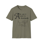 Ask and It Shall Be Fetched | Spaniel T-Shirt detail view featuring a Shel Silverstein-style pen-and-ink illustration of a Spaniel proudly trotting with a plump dove held with extraordinary gentleness in her mouth, a tiny olive branch in the dove's beak and the text 'Ask and it shall be fetched.'