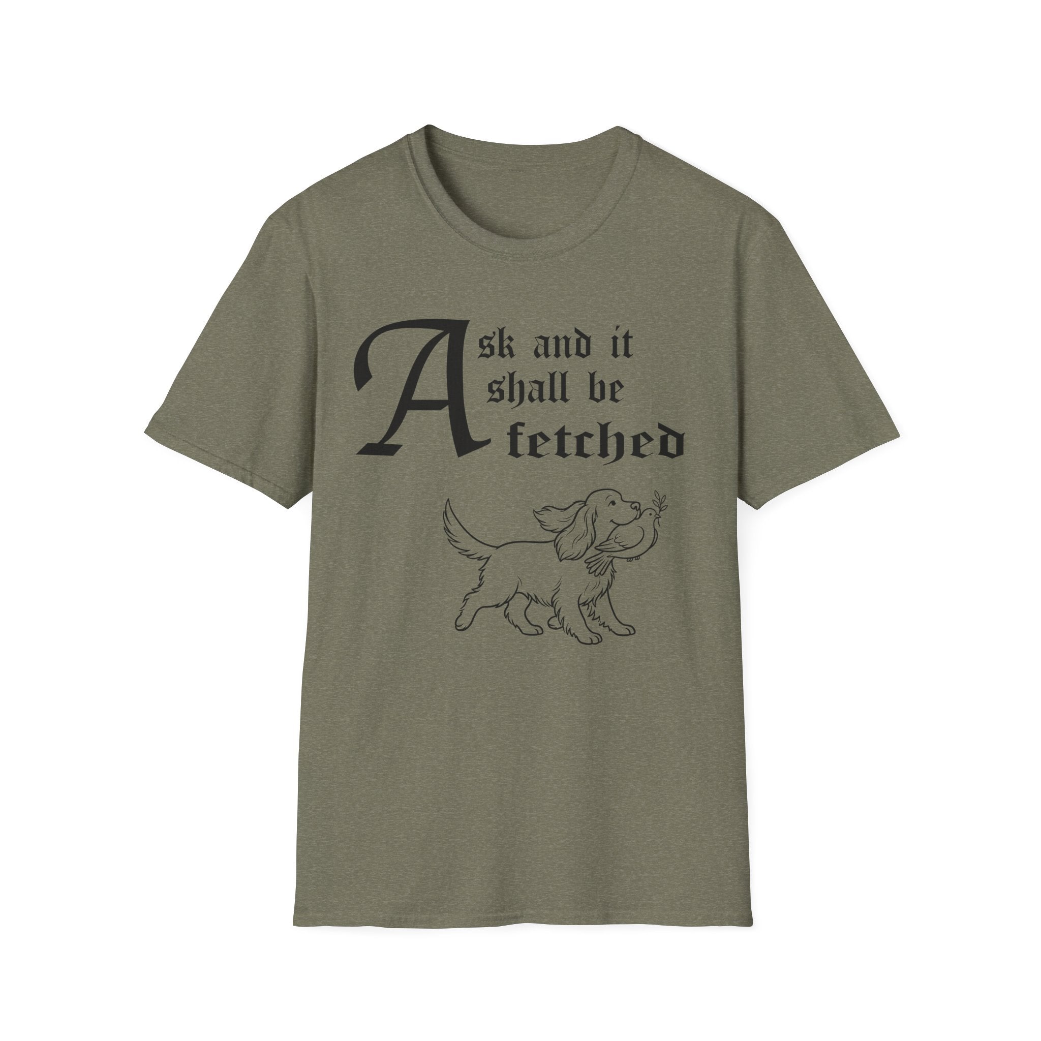 Ask and It Shall Be Fetched | Spaniel T-Shirt detail view featuring a Shel Silverstein-style pen-and-ink illustration of a Spaniel proudly trotting with a plump dove held with extraordinary gentleness in her mouth, a tiny olive branch in the dove's beak and the text 'Ask and it shall be fetched.'