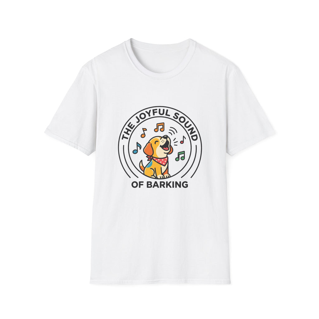The Joyful Sound of Barking T-shirt flat lay, white shirt featuring a circular badge graphic of a cartoon yellow dog with a red bandana howling joyfully with musical notes and the text 'The Joyful Sound of Barking.'