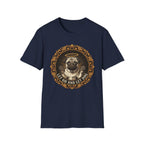 Let Go Let Dog Pug T-Shirt flat lay on navy, featuring an ornate gold-framed medallion with a halo-wearing pug raising its paws and the text 'Let Go and Let Dog'.