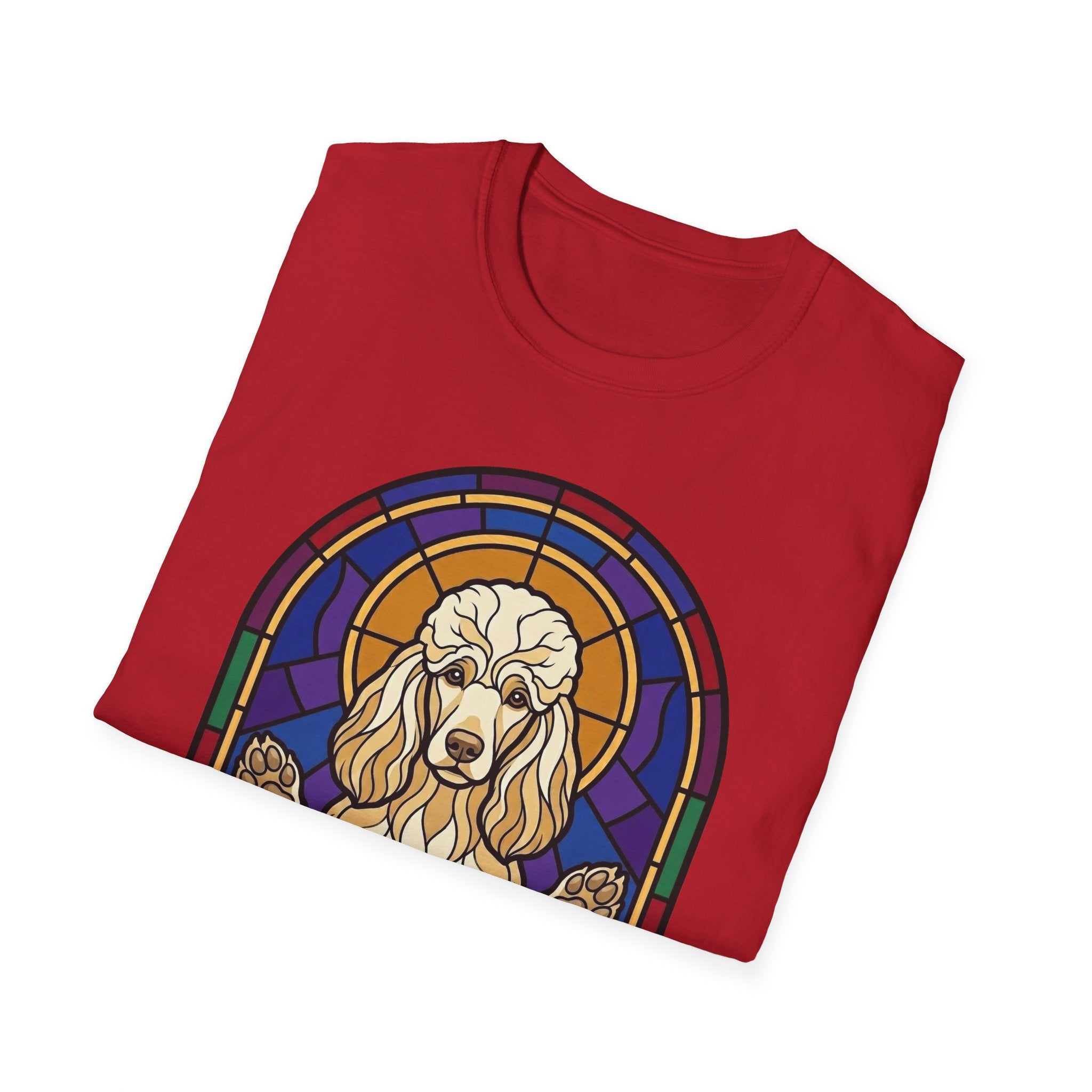 Let Go Let Dog Poodle T-Shirt, folded red tee showing the stained-glass poodle graphic with halo on the front.