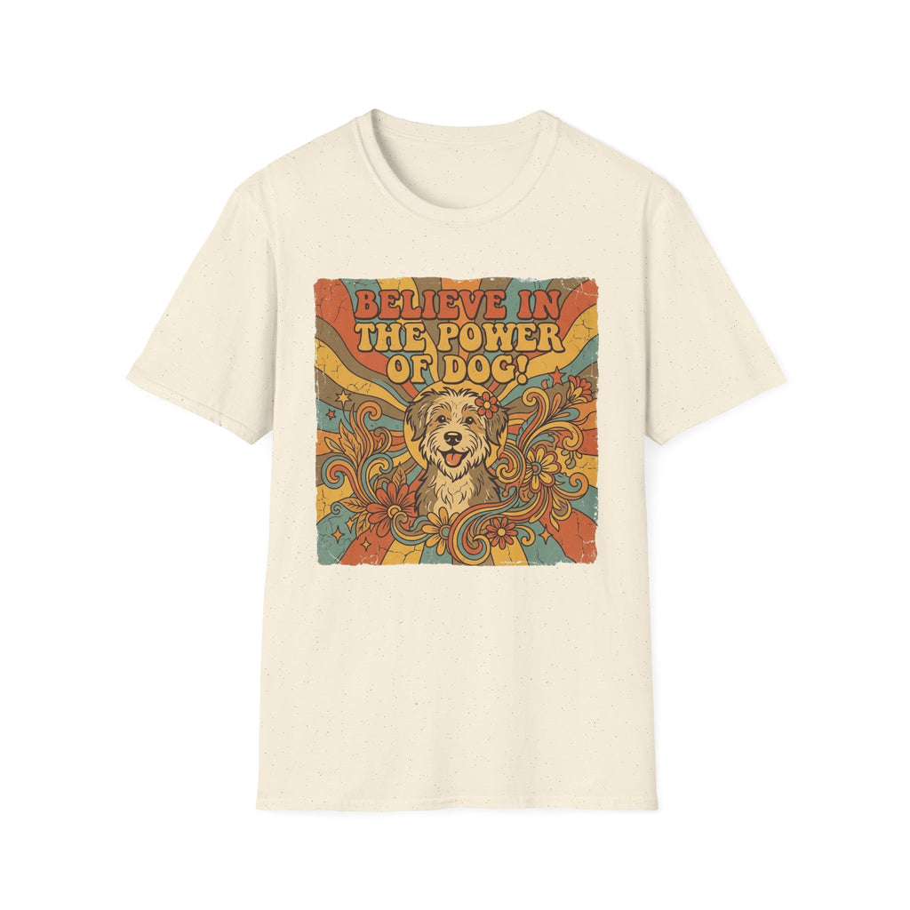 Believe in the Power of Dog Retro T-Shirt flat lay in natural cream, featuring a vintage 70s-style graphic of a fluffy dog face surrounded by swirling florals and rainbow rays with groovy lettering.