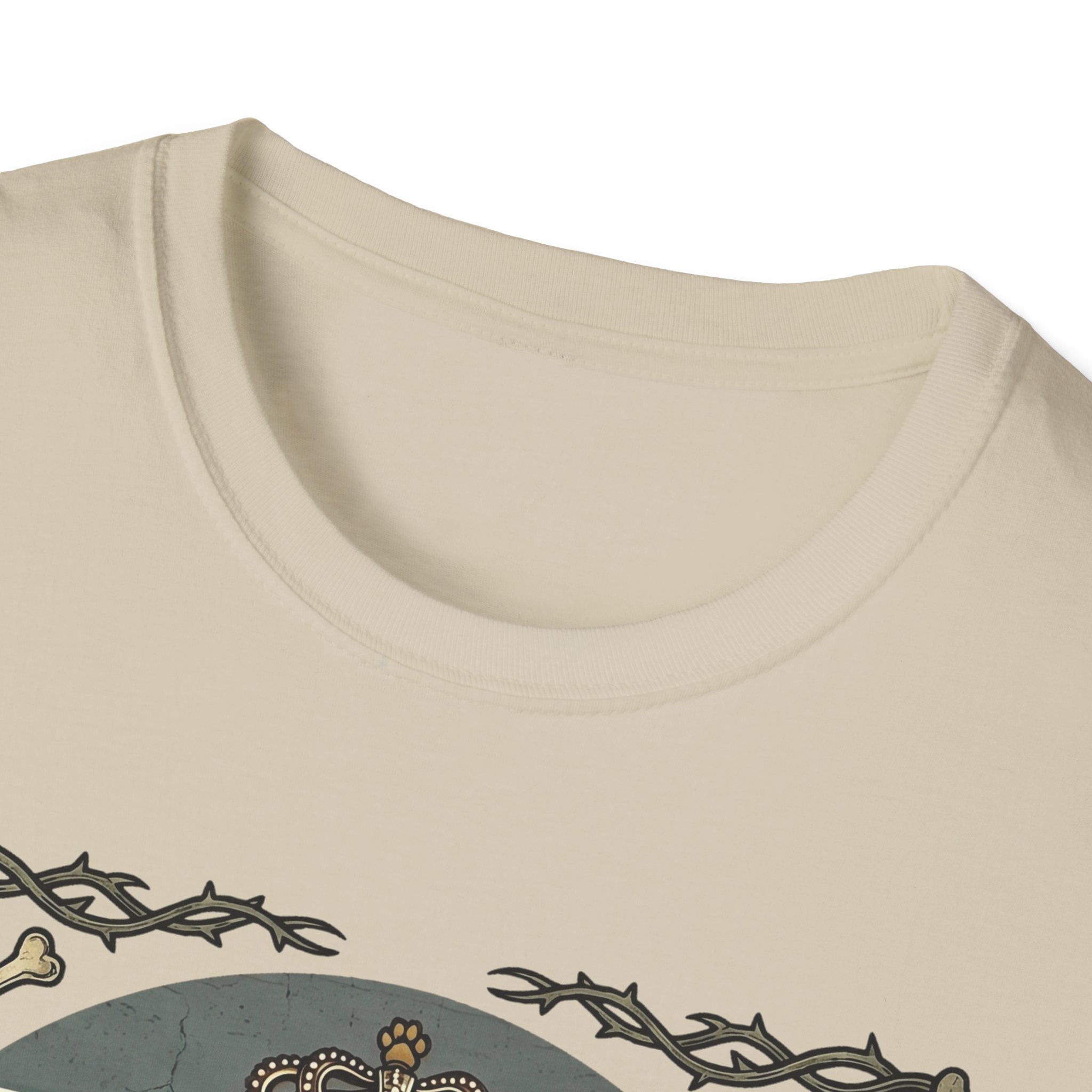 For the Love of Dog Whippet T-Shirt close-up detail of the collar and top of the graphic on a natural/cream shirt showing the ornate thorn border and dog crown.