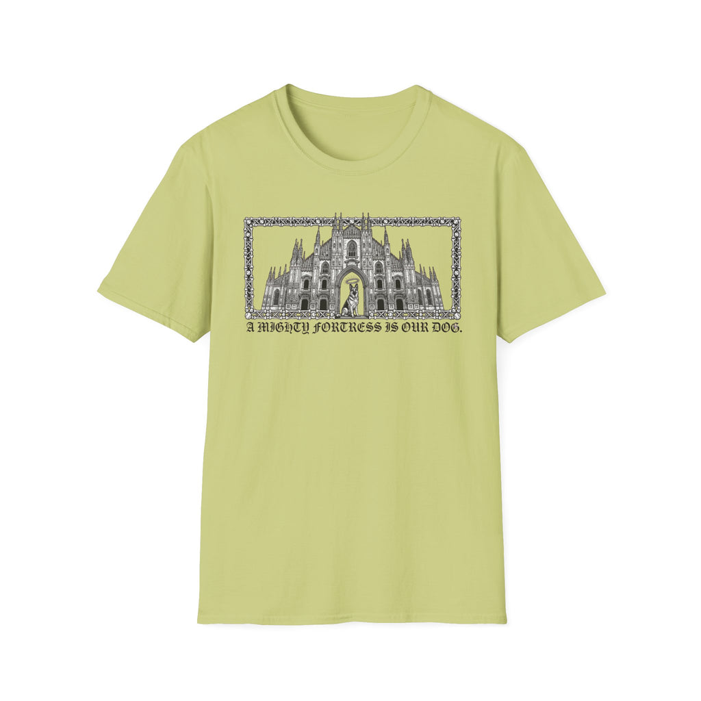 A Mighty Fortress is Our Dog T-Shirt flat lay in kiwi green featuring a detailed gothic cathedral illustration with a dog standing in the doorway, framed in an ornate border with text below.