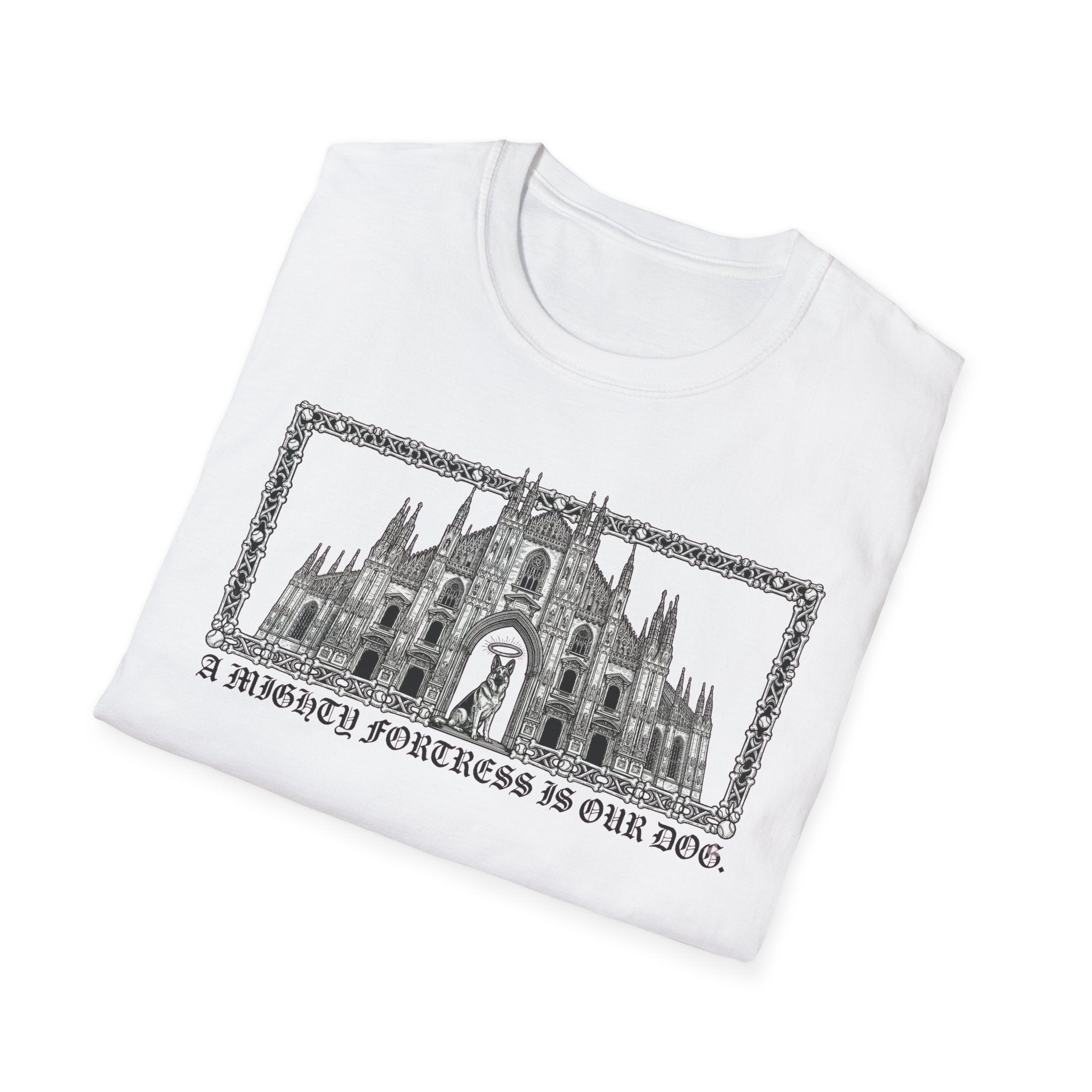 A Mighty Fortress is Our Dog T-Shirt close-up detail of the collar and top of the gothic cathedral graphic on a silver gray shirt.