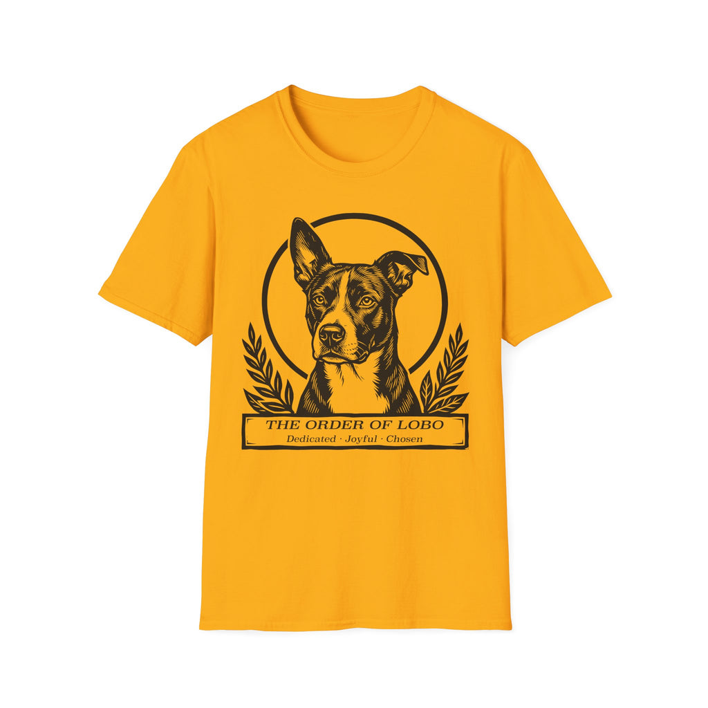 Holy Orders | Lobo T-Shirt flat lay on sage green shirt featuring a stained glass style illustration of Lobo, a black-coated dog with a white blaze and large upright ears, depicted as a holy figure with a golden halo and the text 'Holy Orders.'