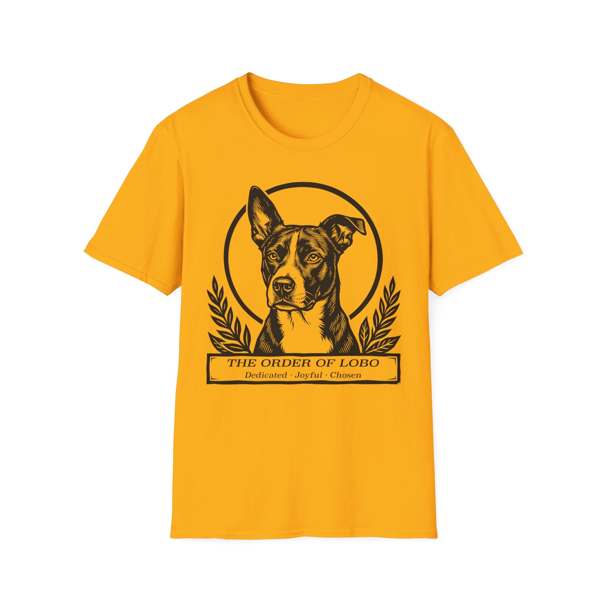 Holy Orders | Lobo T-Shirt flat lay on sage green shirt featuring a stained glass style illustration of Lobo, a black-coated dog with a white blaze and large upright ears, depicted as a holy figure with a golden halo and the text 'Holy Orders.'