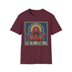 Let Go Let Dog Pug T-Shirt, flat lay on maroon tee featuring a vintage-style graphic of a red setter dog with paws raised encircled by stars and the text Let Go and Let Dog.