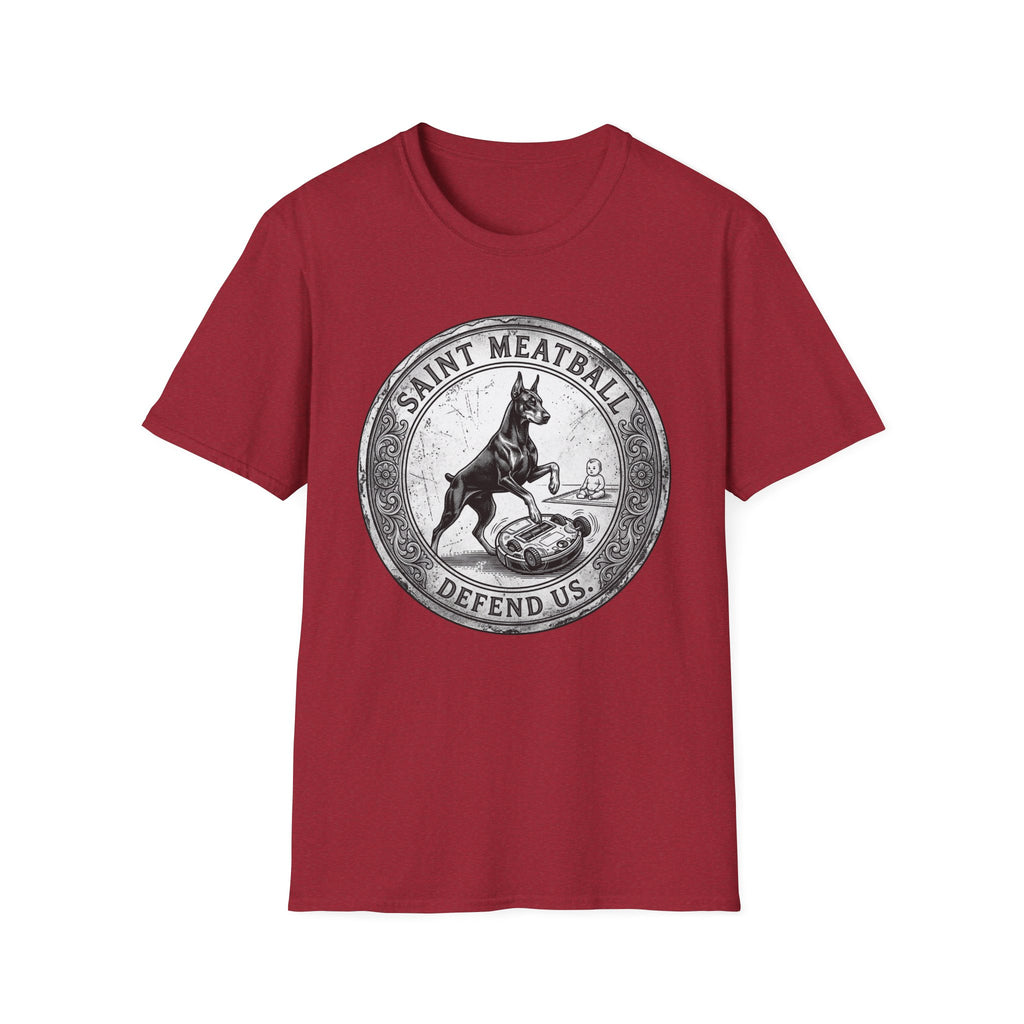 Saint Meatball Defend Us T-Shirt flat lay on crimson red shirt featuring a vintage medallion design with a Doberman Pinscher saint and the text Saint Meatball Defend Us.