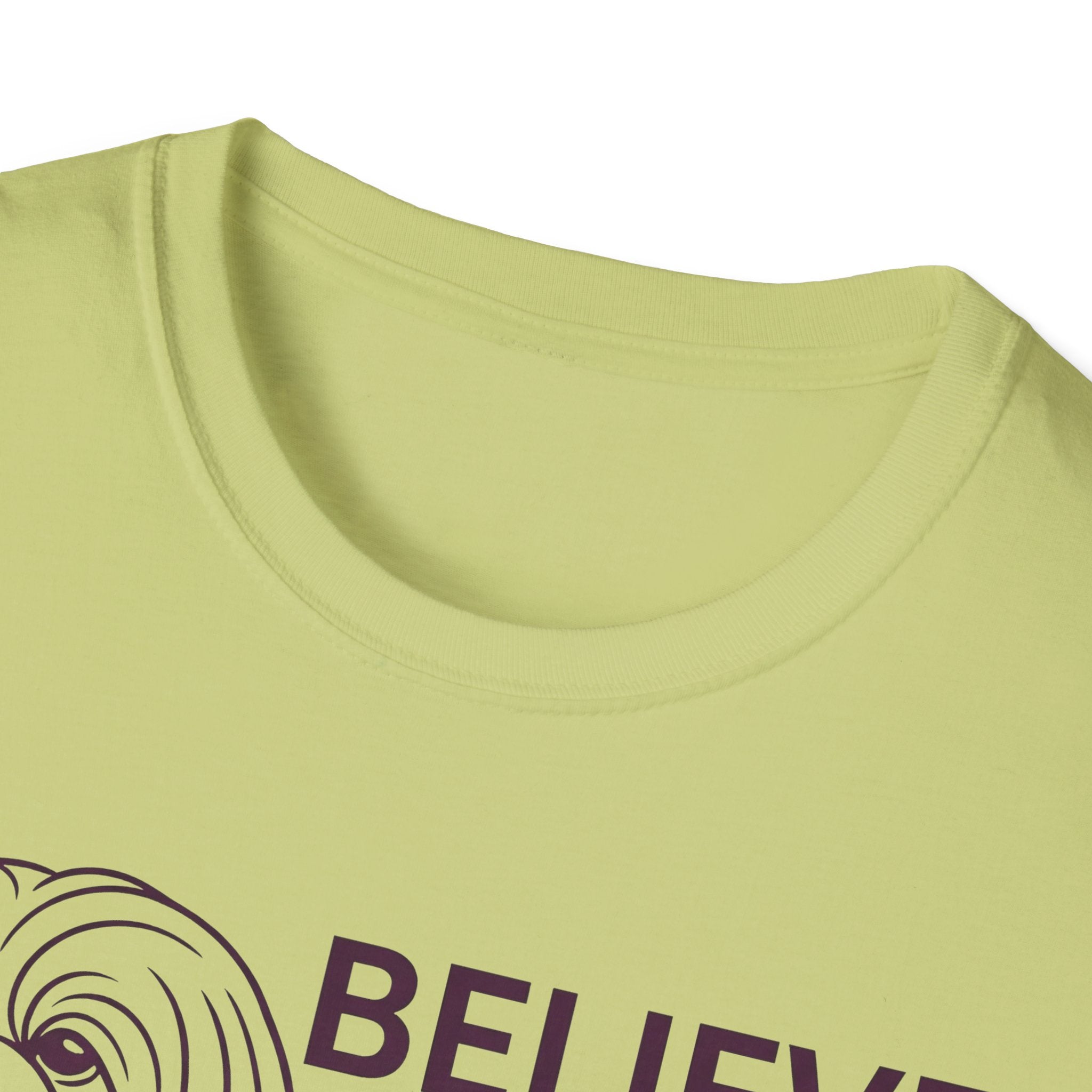 Believe in the Power of Dog Shih Tzu Line Art T-Shirt in sage green, close-up detail of the neckline and upper chest showing the top of the Shih Tzu line art and Believe text.