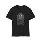 How Great Thou Bark Sight Hound T-shirt flat lay, black shirt featuring a stained-glass style arched window graphic of a seated sight hound dog with a halo and the text 'How Great Thou Bark.'
