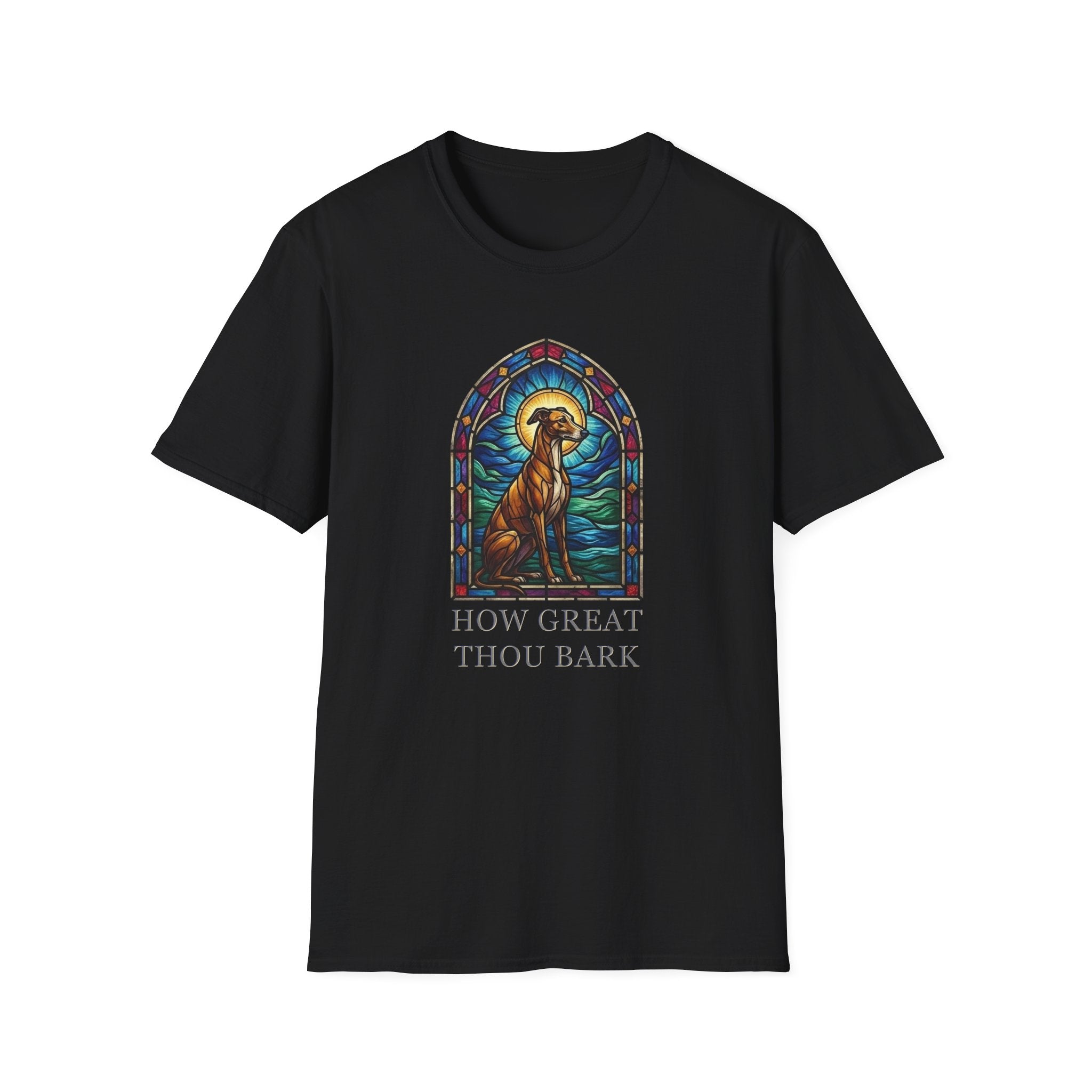 How Great Thou Bark Sight Hound T-shirt flat lay, black shirt featuring a stained-glass style arched window graphic of a seated sight hound dog with a halo and the text 'How Great Thou Bark.'