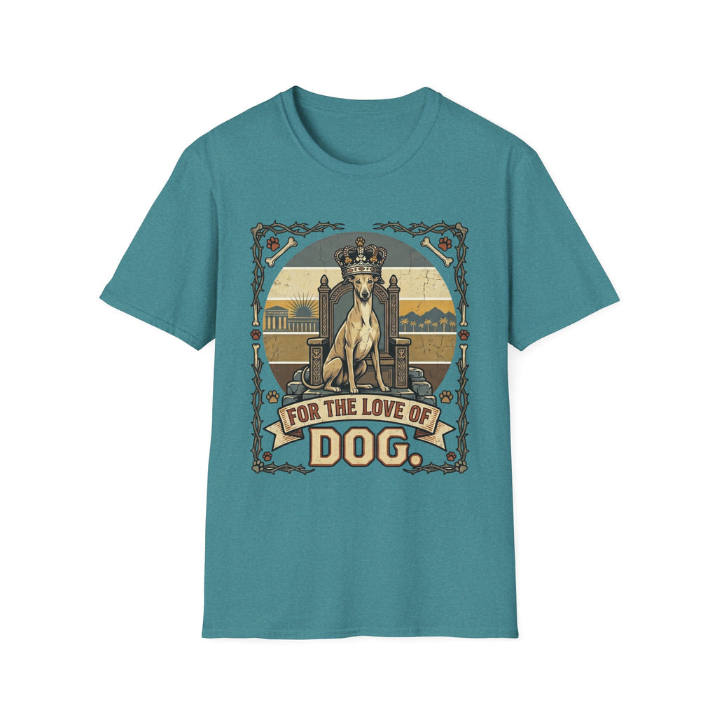 For the Love of Dog Whippet T-Shirt flat lay in teal featuring a crowned whippet seated on a throne in a vintage illustration with an ornate thorn and bone border, "For the Love of Dog" banner below.