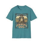 For the Love of Dog Whippet T-Shirt flat lay in teal featuring a crowned whippet seated on a throne in a vintage illustration with an ornate thorn and bone border, "For the Love of Dog" banner below.