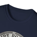 Saint Noodles Guide Us T-Shirt close-up detail on navy blue shirt showing the circular border and top portion of the basset hound Saint Noodles medallion graphic.