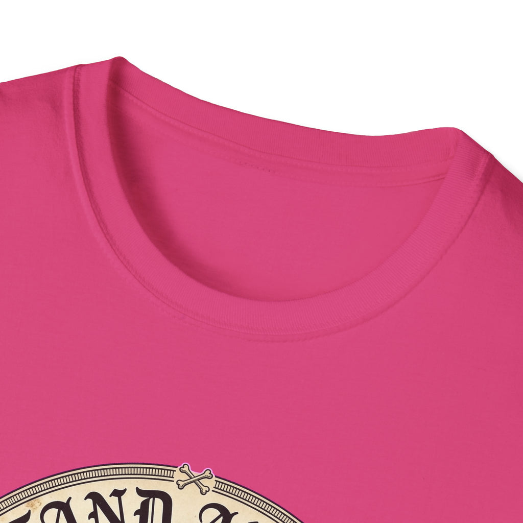 I Stand Amazed Chihuahua T-Shirt in hot pink, close-up of the neckline and upper graphic detail showing the circular Chihuahua design with crossed-bone medallion and vintage lettering.