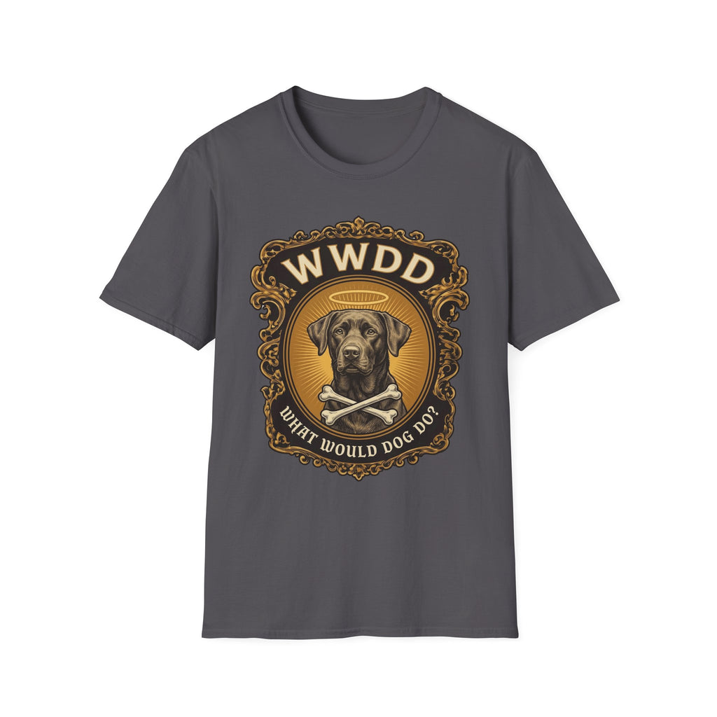 What Would Dog Do Chocolate Lab T-Shirt flat lay on charcoal, featuring an ornate gold WWDD badge with a halo-wearing chocolate Labrador and crossbones and the text 'What Would Dog Do?'