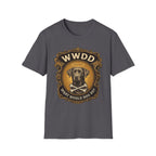 What Would Dog Do Chocolate Lab T-Shirt flat lay on charcoal, featuring an ornate gold WWDD badge with a halo-wearing chocolate Labrador and crossbones and the text 'What Would Dog Do?'