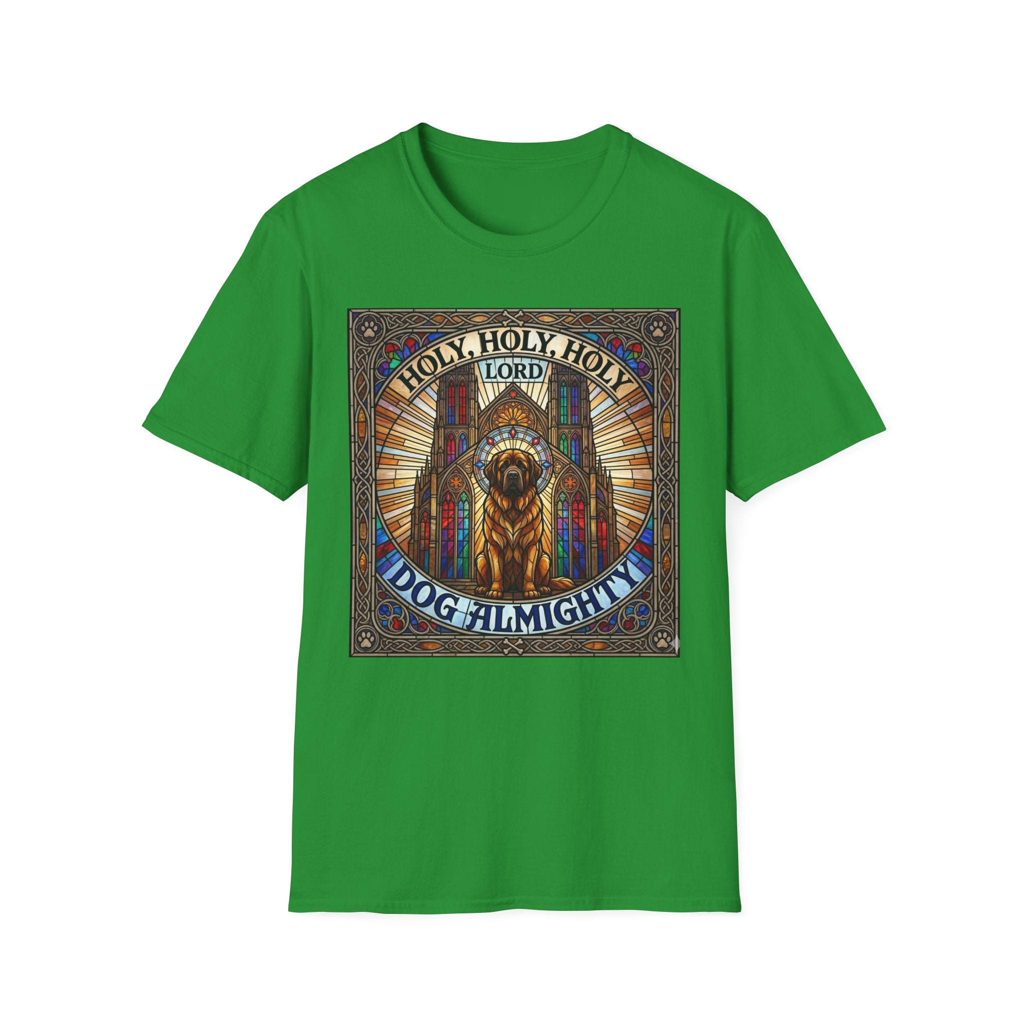 Holy Holy Holy St Bernard T-Shirt flat lay on green, featuring a stained-glass-style illustration of a St Bernard seated before cathedral arches with the text 'Holy Holy Holy Lord Dog Almighty'.