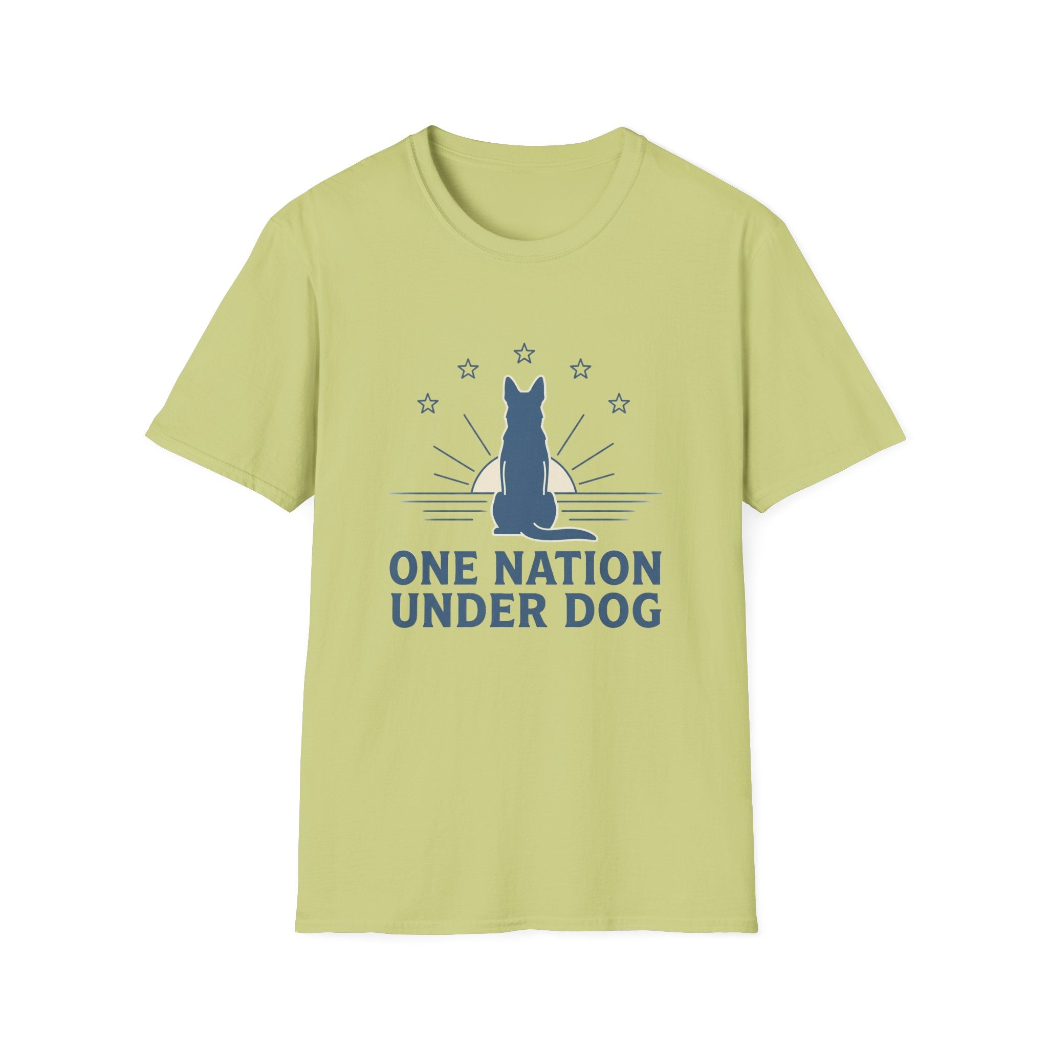 One Nation Under Dog T-Shirt flat lay in light green kiwi, featuring a blue dog silhouette seated before a rising sun with rays and surrounding stars, with bold text reading 'One Nation Under Dog.'