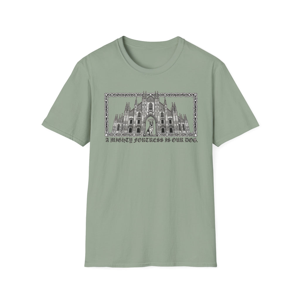 A Mighty Fortress is Our Dog T-Shirt flat lay in sage green featuring a detailed gothic cathedral illustration with a dog standing in the doorway, framed in an ornate border with text below.