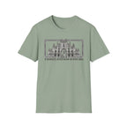 A Mighty Fortress is Our Dog T-Shirt flat lay in sage green featuring a detailed gothic cathedral illustration with a dog standing in the doorway, framed in an ornate border with text below.