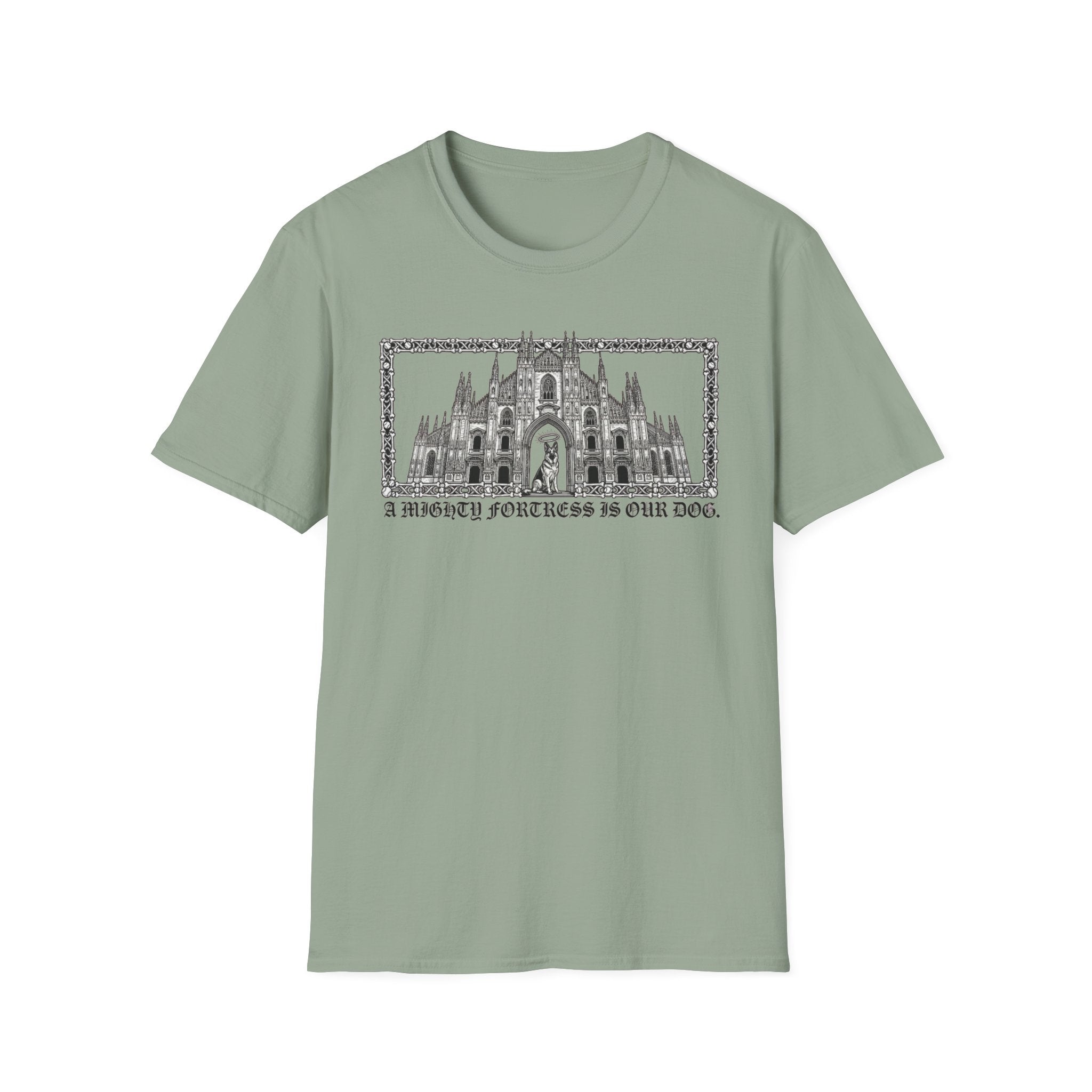 A Mighty Fortress is Our Dog T-Shirt flat lay in sage green featuring a detailed gothic cathedral illustration with a dog standing in the doorway, framed in an ornate border with text below.
