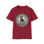 Saint Waffles Protect Us T-Shirt flat lay in cardinal red, featuring a vintage medallion graphic of a Rottweiler standing protectively beside a small child with the text Saint Waffles Protect Us.