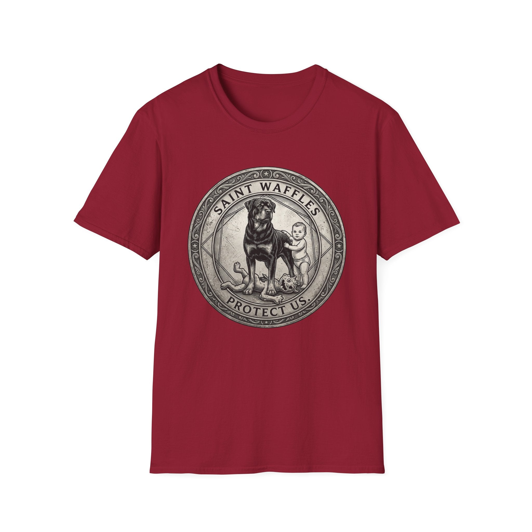 Saint Waffles Protect Us T-Shirt flat lay in cardinal red, featuring a vintage medallion graphic of a Rottweiler standing protectively beside a small child with the text Saint Waffles Protect Us.
