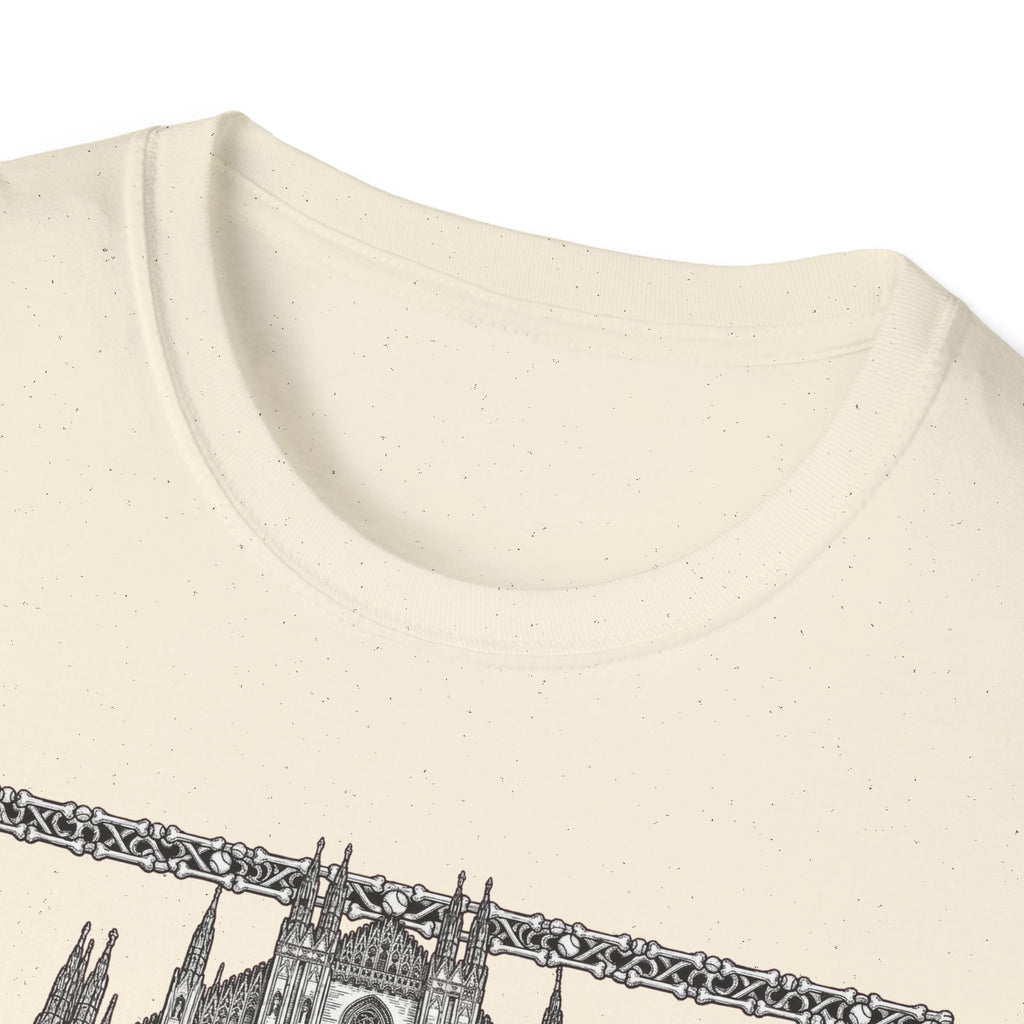 A Mighty Fortress is Our Dog T-Shirt close-up detail of the collar and top of the gothic cathedral graphic on a natural/cream shirt.