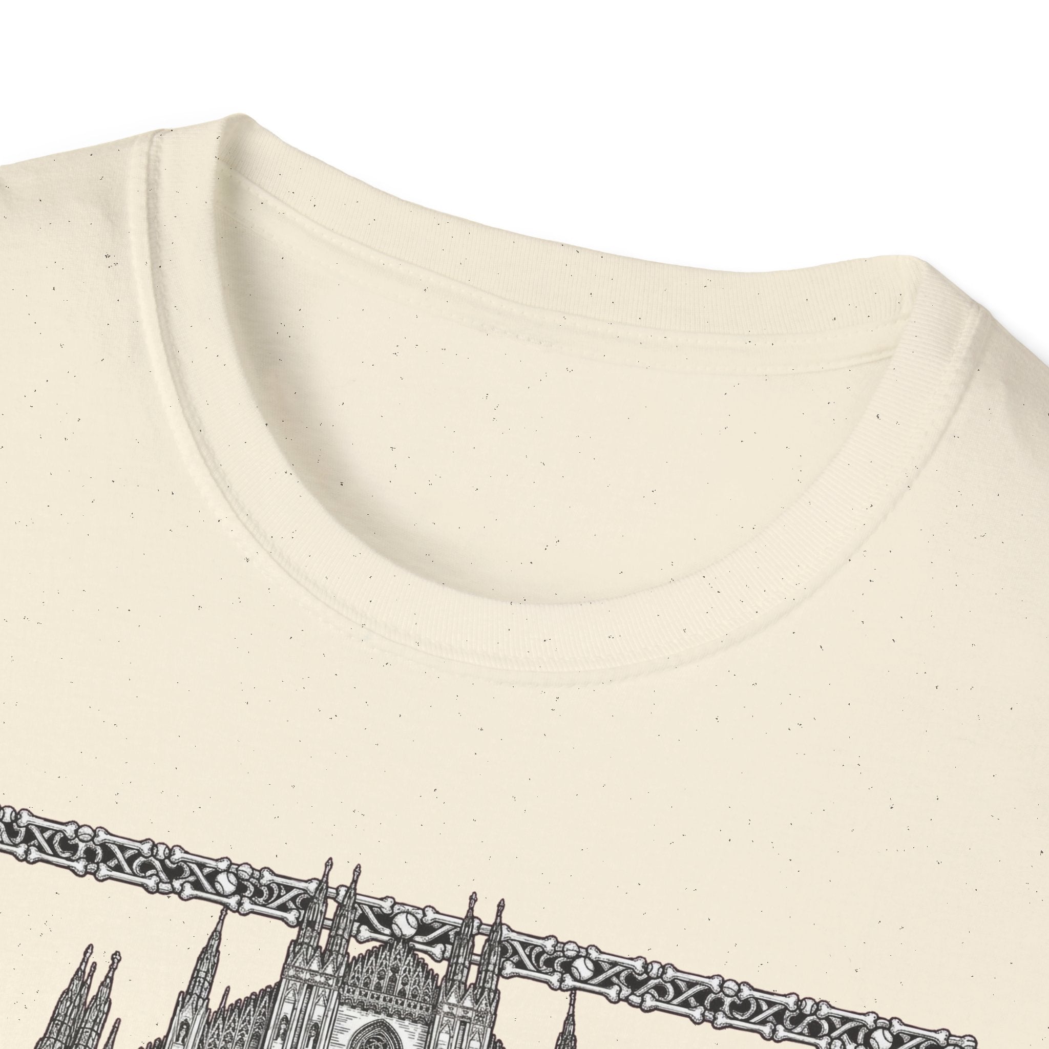 A Mighty Fortress is Our Dog T-Shirt close-up detail of the collar and top of the gothic cathedral graphic on a natural/cream shirt.