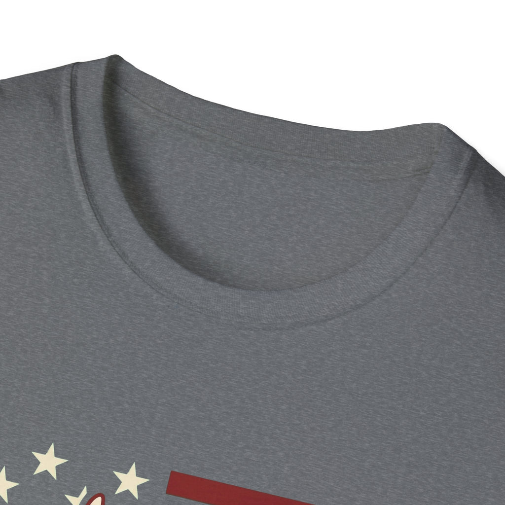 Pursuit of Fetch T-Shirt in heather gray, closeup detail of the neckline and top of the chest showing the top of the flag graphic with cream stars and red stripe.