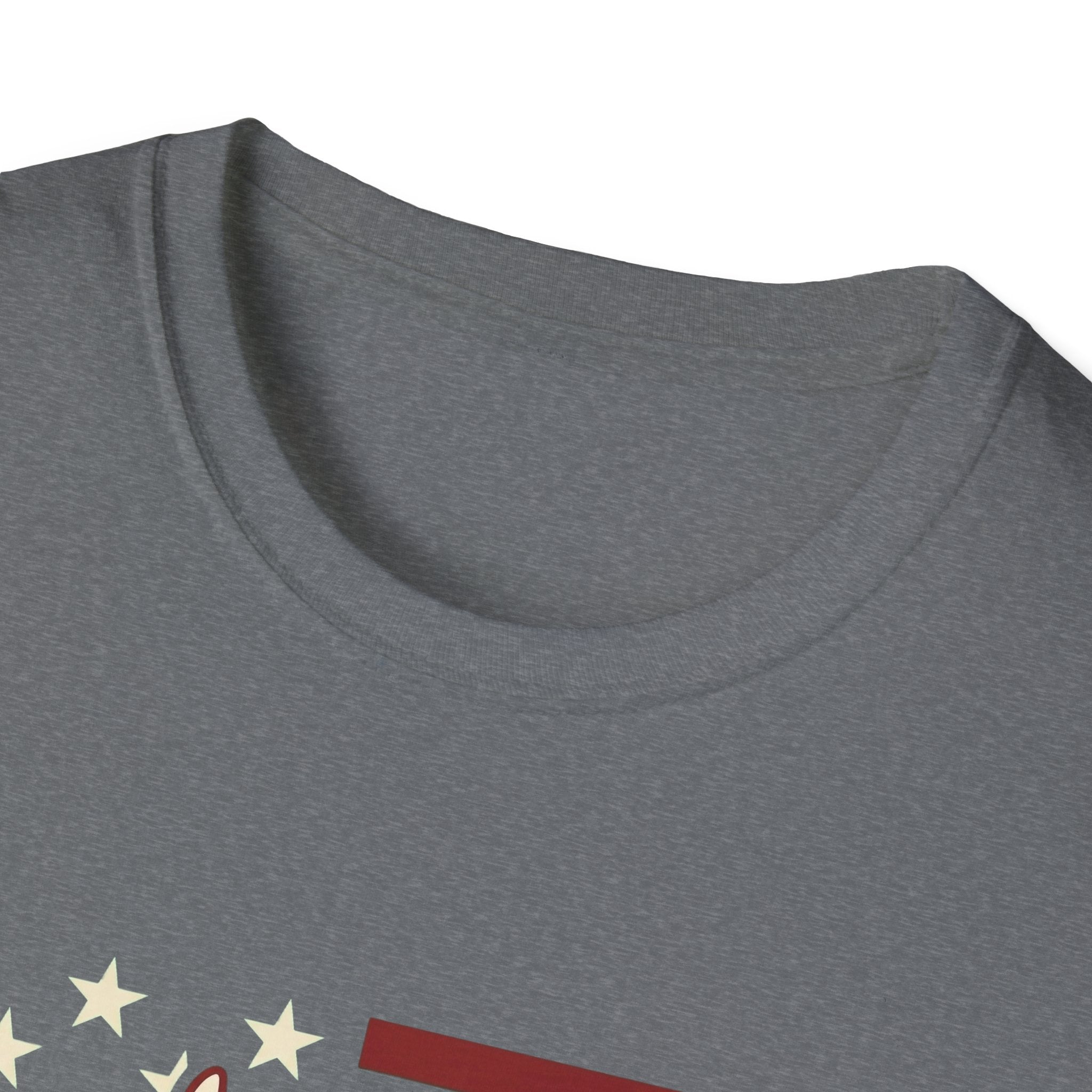 Pursuit of Fetch T-Shirt in heather gray, closeup detail of the neckline and top of the chest showing the top of the flag graphic with cream stars and red stripe.
