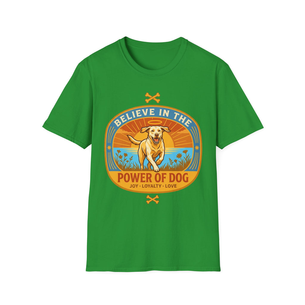Believe in the Power of Dog Yellow Lab T-Shirt in kelly green, flat lay view showing a retro-style oval badge with a halo-wearing yellow Labrador running joyfully through a sunlit field, with the words 'Joy Loyalty Love' and crossed bones.