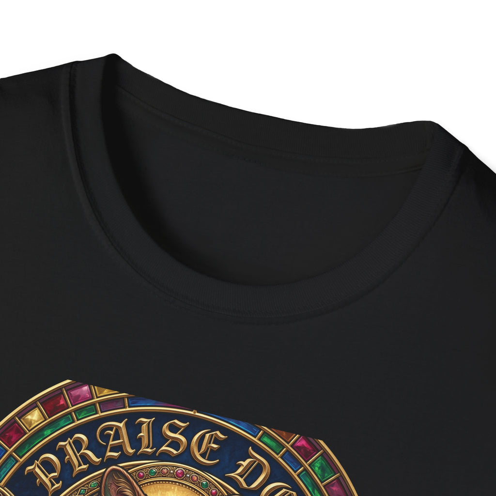 Praise Dog From Whom All Blessings Flow Corgi T-Shirt close-up detail of the collar area on a black shirt, showing the jewel-encrusted border and gold gothic Praise Dog lettering.