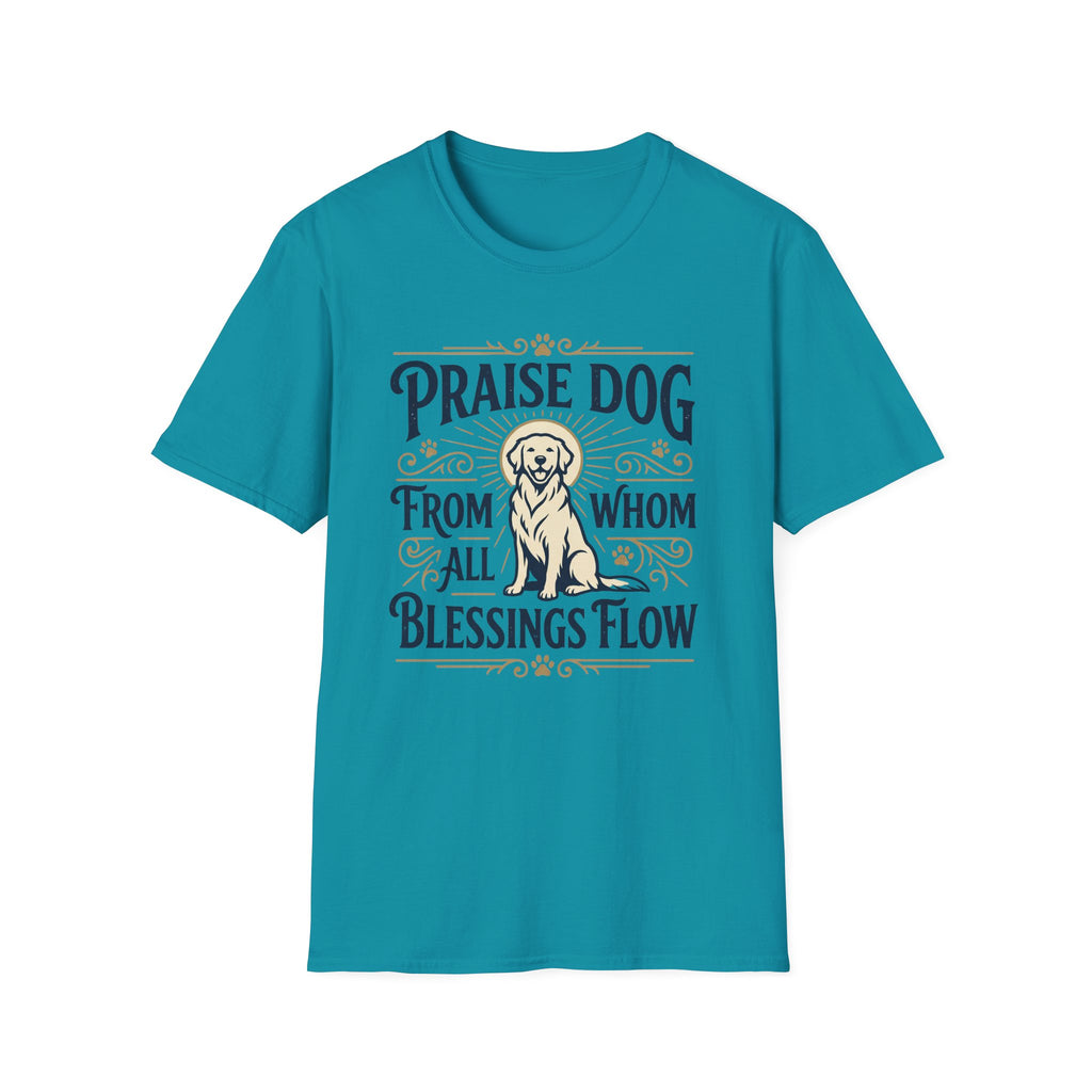 Praise Dog From Whom All Blessings Flow Golden Retriever T-Shirt flat lay in teal, featuring a vintage-style graphic of a seated golden retriever with a glowing halo, surrounded by ornate scroll flourishes and paw print accents.