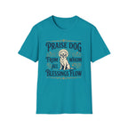 Praise Dog From Whom All Blessings Flow Golden Retriever T-Shirt flat lay in teal, featuring a vintage-style graphic of a seated golden retriever with a glowing halo, surrounded by ornate scroll flourishes and paw print accents.