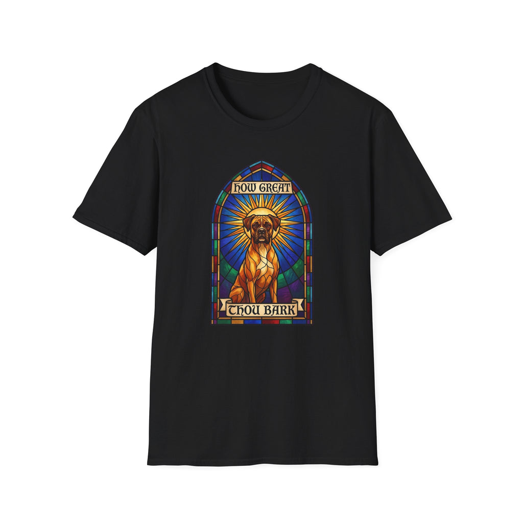 How Great Thou Bark Boxer T-Shirt flat lay on black shirt featuring a stained glass arched window graphic of a saintly Boxer dog seated with a golden halo, with 'How Great Thou Bark' scrolls above and below.