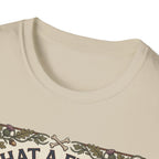 What a Friend We Have in Dog T-Shirt close-up detail shot on a natural tan shirt, showing the vintage botanical border with crossbones and floral motifs at the neckline.